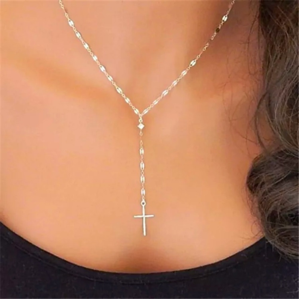 NEW 925 Dainty 1” Cross Necklace 16” Chain 2” Single Chain Drop Silver